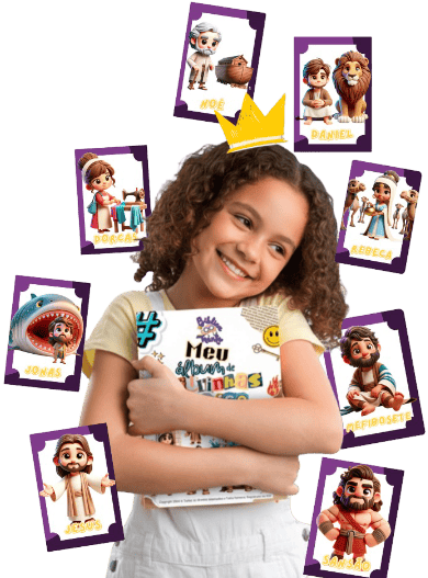 Menina abraçando o álbum com figurinhas flutuando